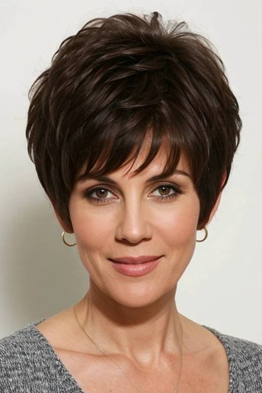 A woman over 60 with a textured pixie cut, emphasizing layers and a dynamic, modern look