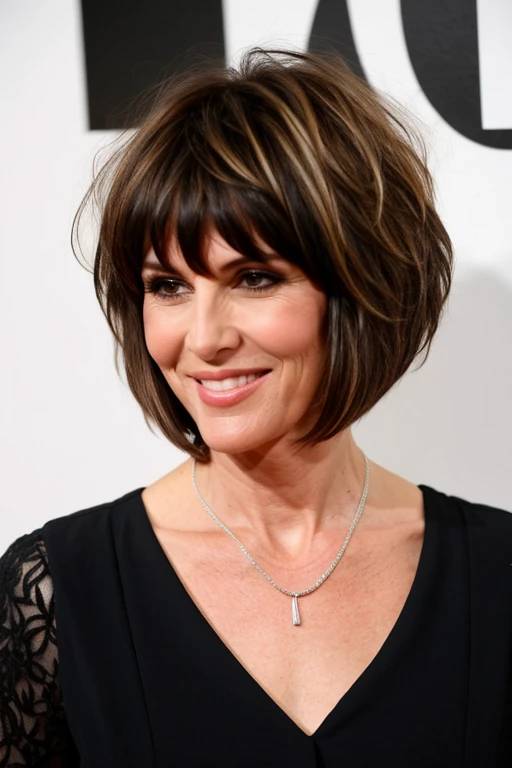 A woman over 60 with a textured shag haircut and bangs, providing a stylish and edgy appearance