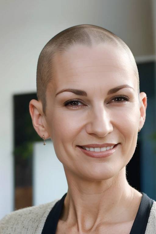 A confident woman over 50 with a sleek buzz cut, exuding boldness and style