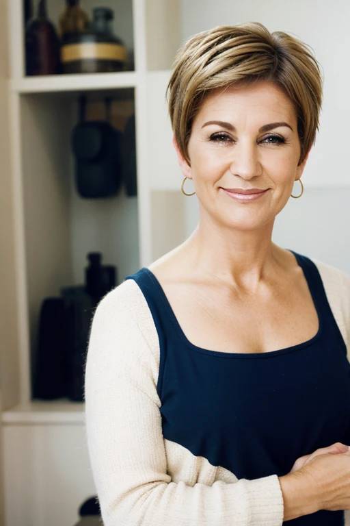 A fashionable woman over 50 with a side-swept pixie cut, offering a dynamic and fresh look