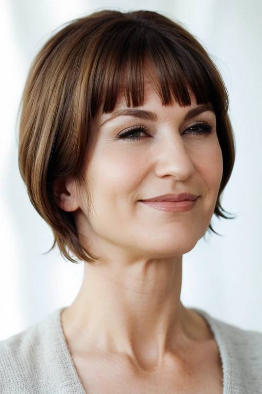 A woman over 50 with a bob and blunt bangs, highlighting a contemporary and chic look.