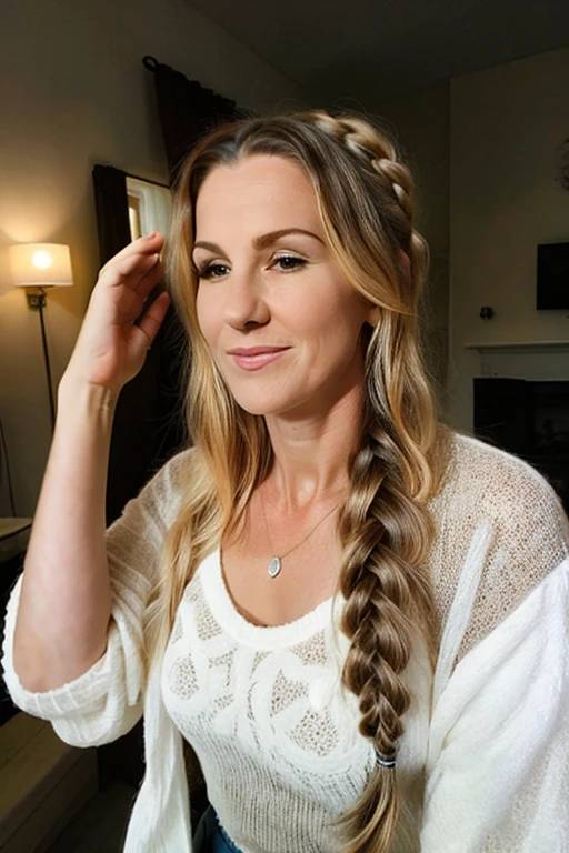 A woman over 50 with a braided crown and loose waves, creating a romantic and bohemian appearance