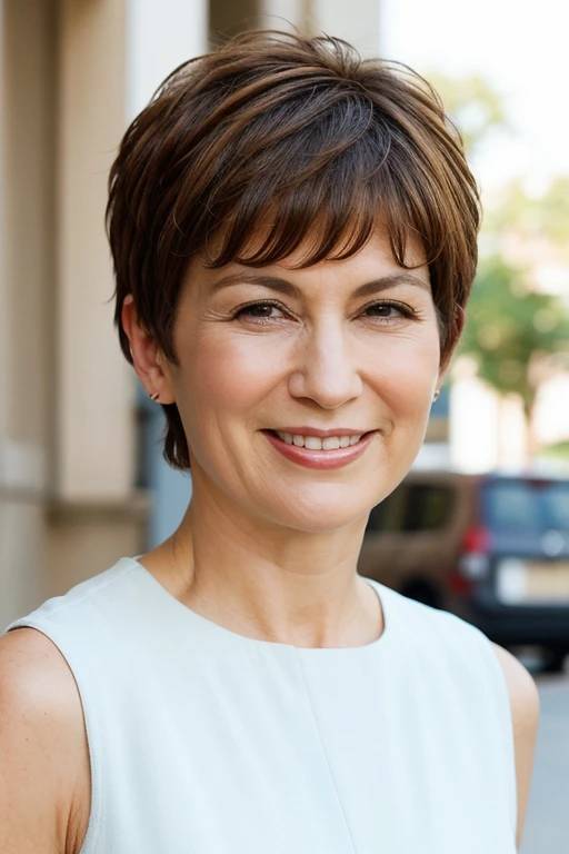 A woman over 50 with a choppy pixie cut, offering a modern and carefree look.