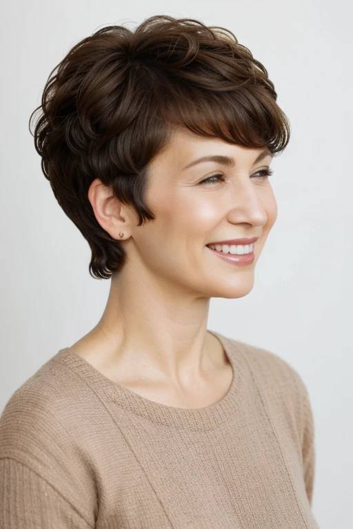 A woman over 50 with a curly taper pixie cut, showcasing natural curls with a modern twist.