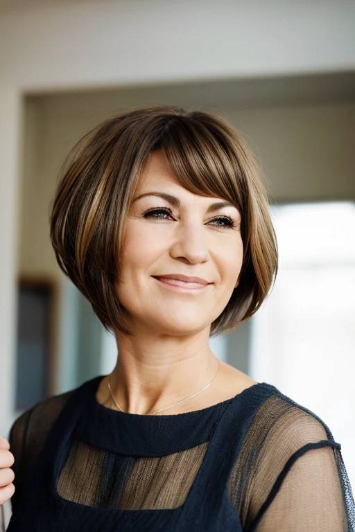 A woman over 50 with a feathered layered bob, designed to add volume and texture to thin hair