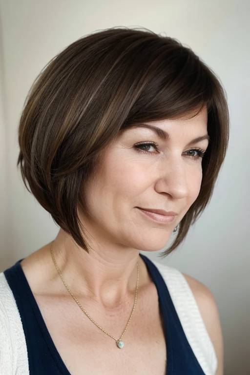 A woman over 50 with a feathered stacked bob, adding volume and a sophisticated touch to her look.