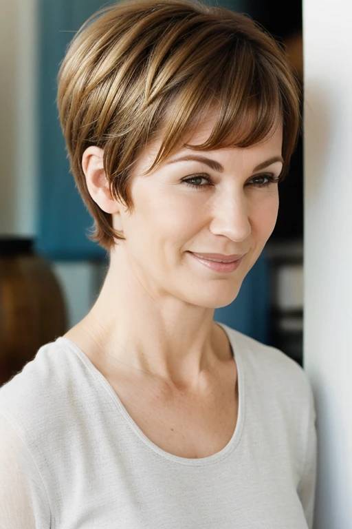 A woman over 50 with a grown-out pixie cut, blending casual ease with modern flair