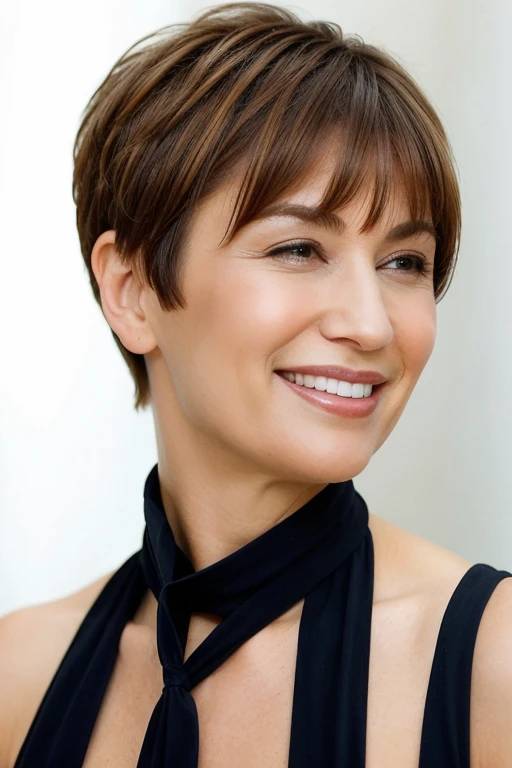 A woman over 50 with a layered pixie bob and side-swept bangs, combining sophistication with a playful touch