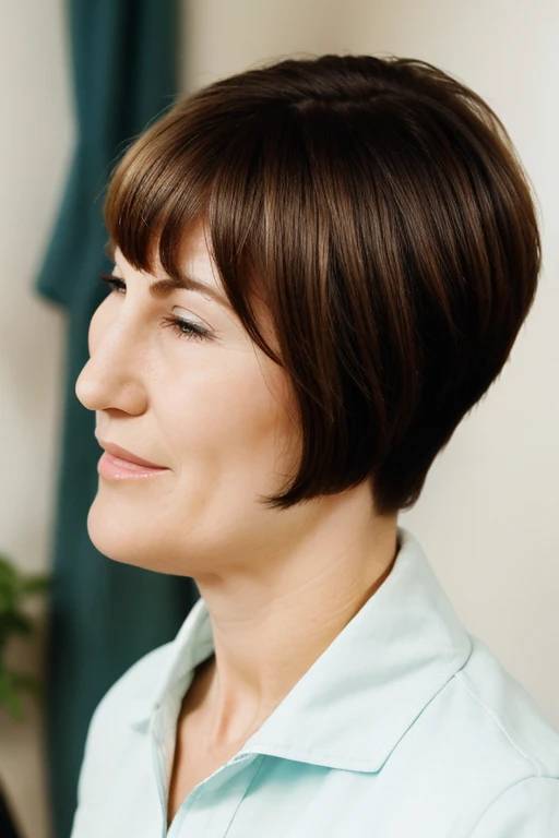 A woman over 50 with a modern bowl cut, embracing a bold and retro-inspired style