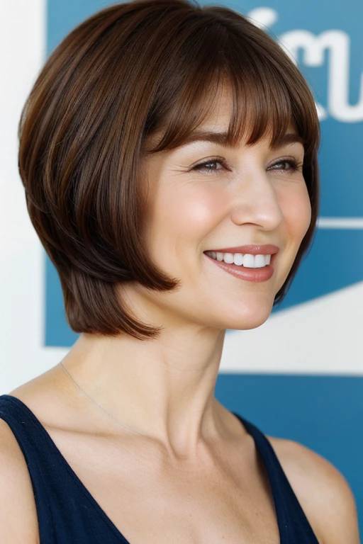 A woman over 50 with a short bob and bangs, presenting a clean and fashionable hairstyle