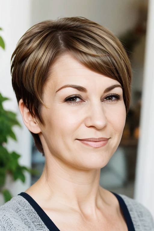 A woman over 50 with a swept-forward pixie cut, creating a trendy and forward-thinking style