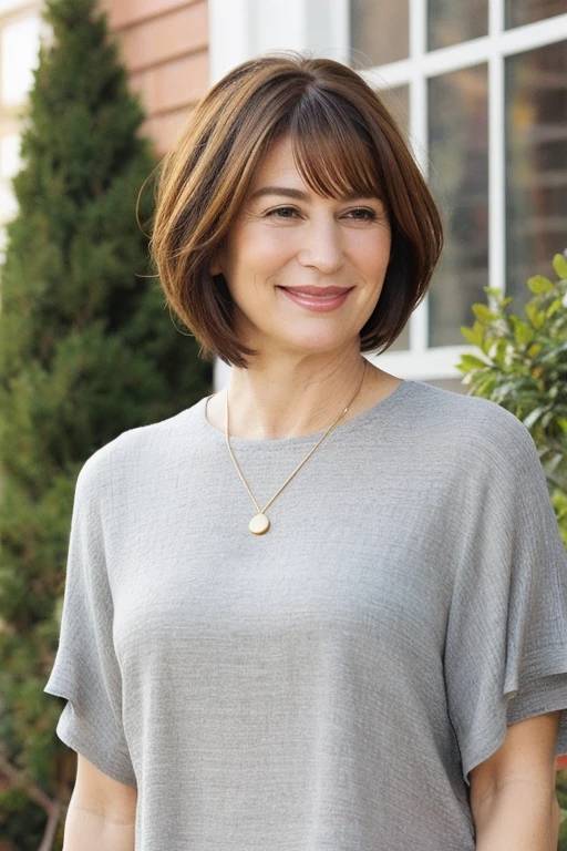 A woman over 50 with a tousled layered bob, exuding a relaxed and effortlessly chic look