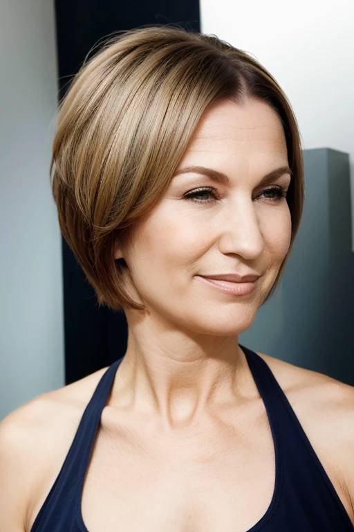 A woman over 50 with an angled bob, presenting a sleek and edgy hairstyle