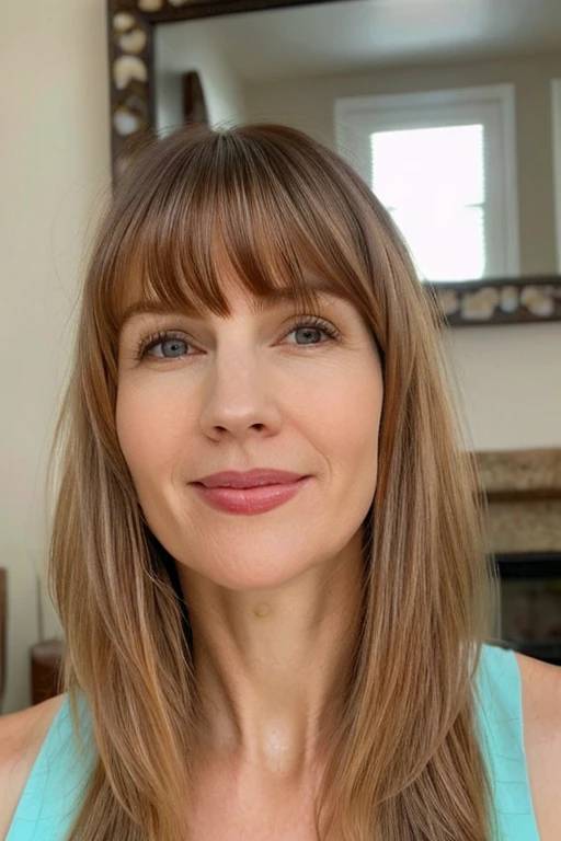 A woman over 50 with face-framing layers and bangs, enhancing her facial features and adding softness