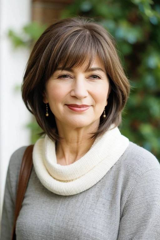 A woman over 50 with feathered layers, adding depth and movement to her hairstyle