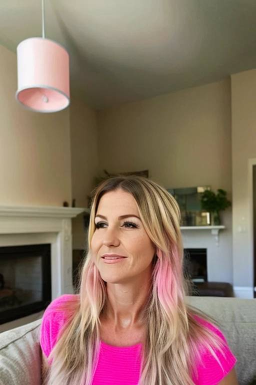 A woman over 50 with long, pastel pink layers, adding a fun and trendy element to her hairstyle