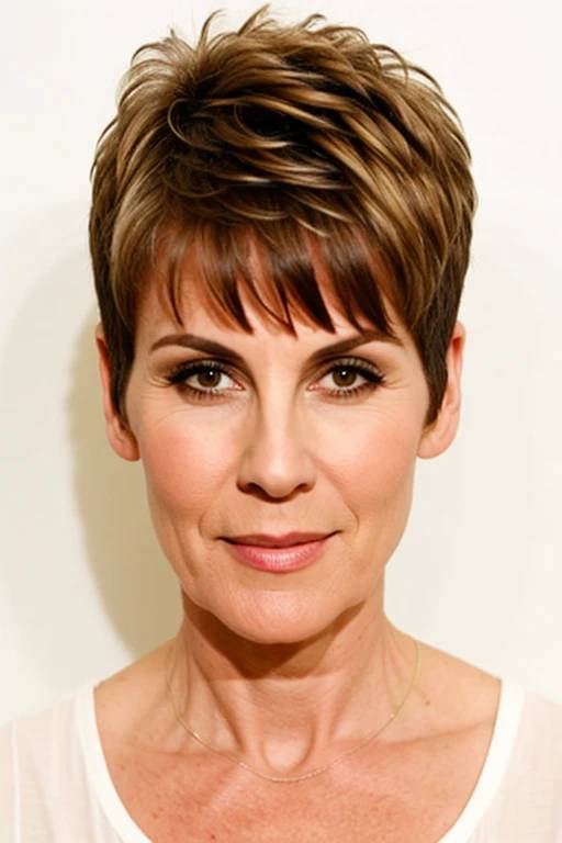 A woman over 60 with a buzz cut, presenting a bold and confident short hairstyle