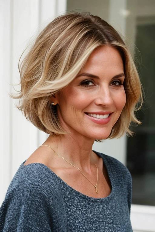 A woman over 60 with a jaw-length bob, featuring feathered ends for a light and airy appearance