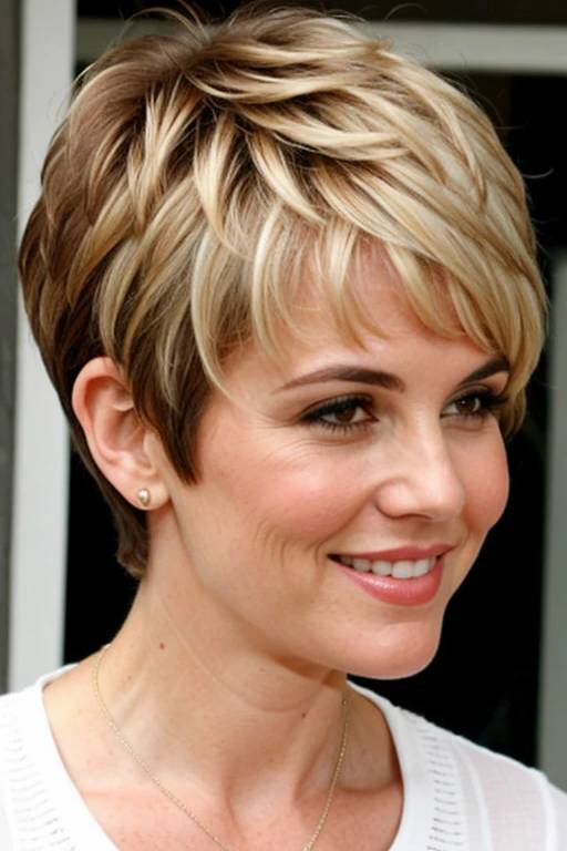 A woman over 60 with a layered pixie cut, showcasing a chic and versatile short hairstyle