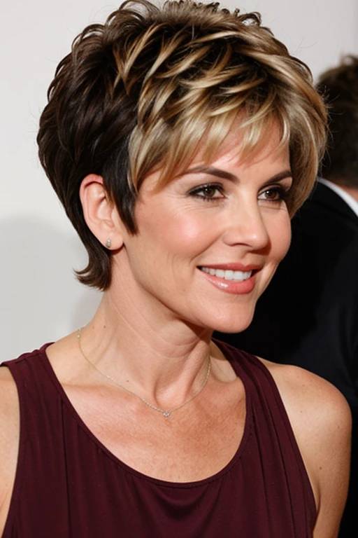 A woman over 60 with a short haircut featuring sassy, spiky layers for a fun and edgy look