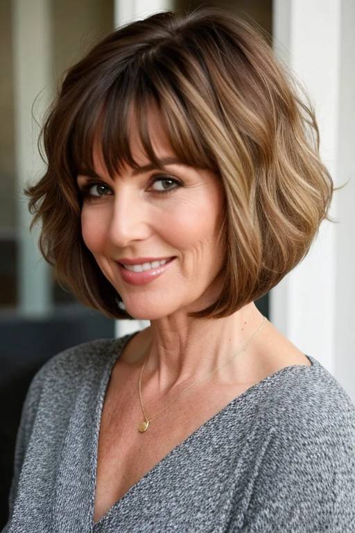 A woman over 60 with a stacked bob haircut, showing off voluminous layers and a chic, modern shape