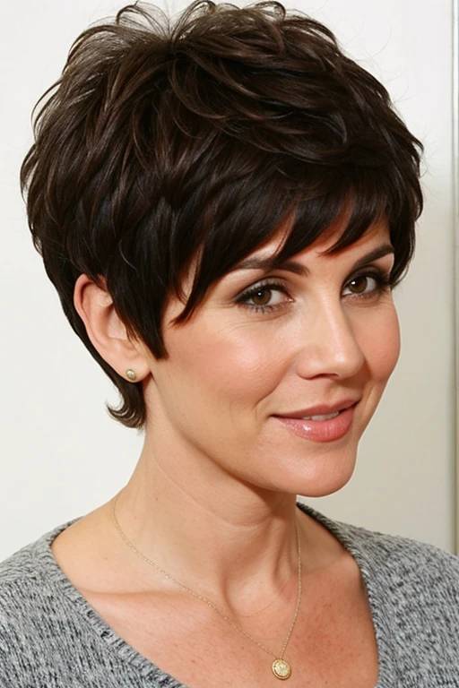 A woman over 60 with a textured pixie cut, highlighting layers and a contemporary look