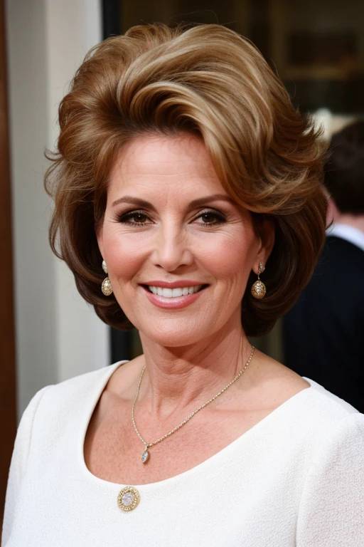 A woman over 60 with a voluminous pompadour hairstyle, emphasizing height and fullness at the top