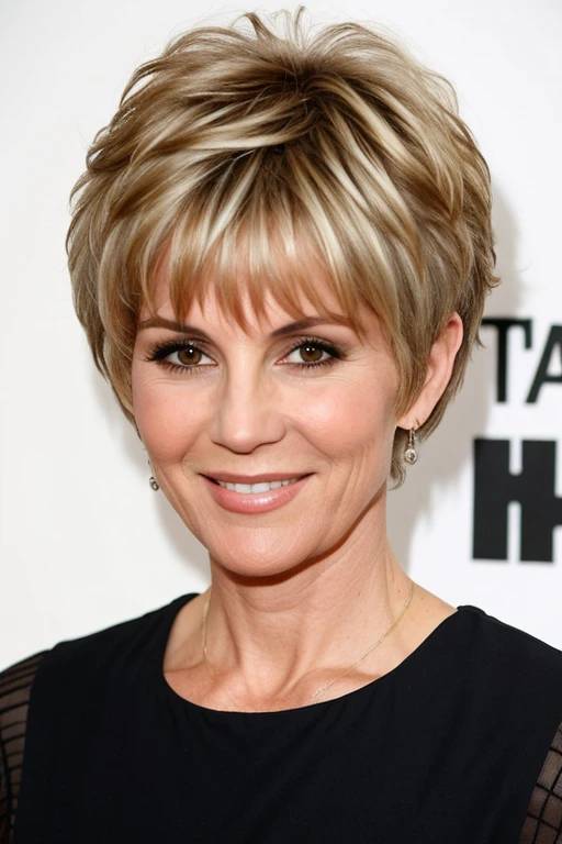 A woman over 60 with a wispy pixie cut and choppy layers, offering a trendy and youthful style