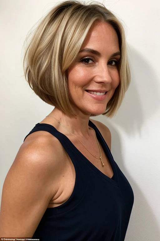 A woman over 60 with an asymmetrical bob haircut, offering a bold and contemporary style with uneven lengths