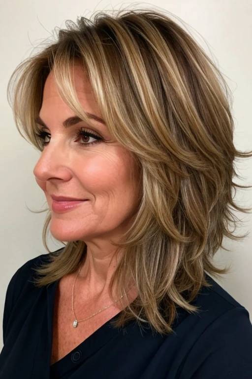 A woman over 60 with long, luxurious layers, highlighting volume and movement