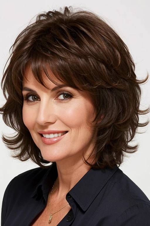 A woman over 60 with short layered hair, providing volume and a stylishly tousled appearance