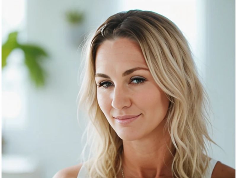 Beach blond waves on older woman.