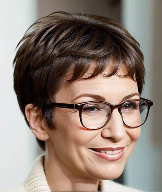 Bold woman over 60 with glasses, sporting a chic pixie cut with textured layers, exuding confidence and modern style.