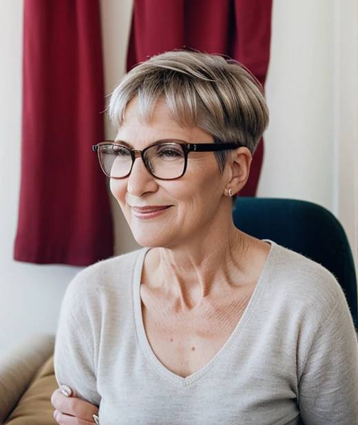 Bold woman over 60 with glasses, sporting a chic silver buzz cut, exuding confidence and modern style.