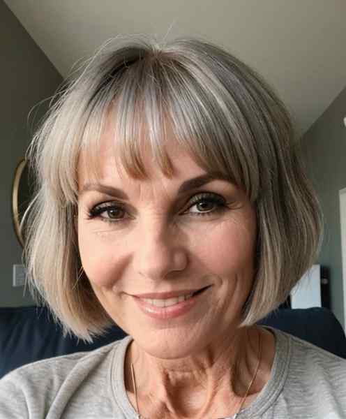 Breezy gray bob with bangs on smiling woman over 60