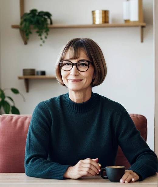 Chic woman over 60 with glasses, featuring a face-framing bob haircut, enhancing her features with stylish precision.