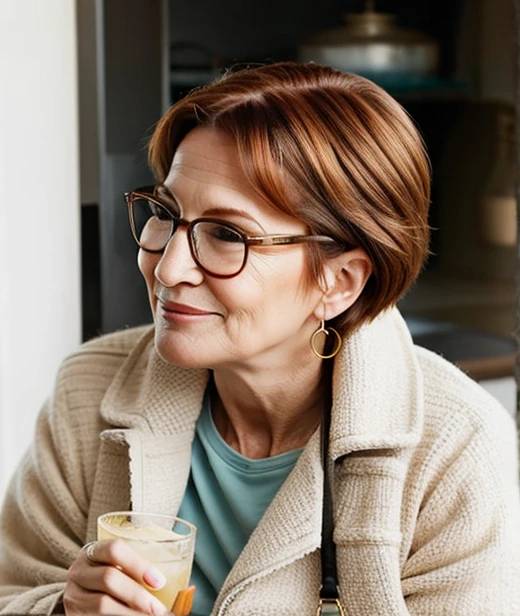 Chic woman over 60 with glasses, featuring short auburn curls, adding volume and warmth to her style.