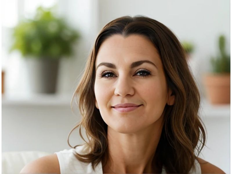 Chin-lnegth brown curls on older woman