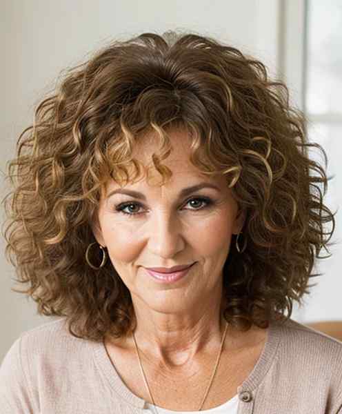 Curly brown layers cut on older woman over 60