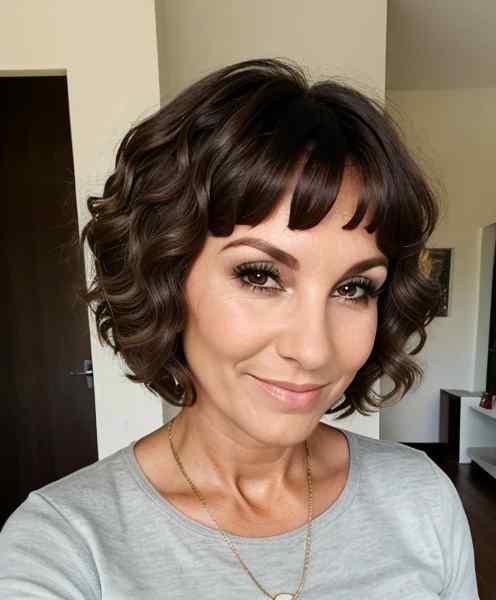 Curly chocolate bob haircut on woman over 60