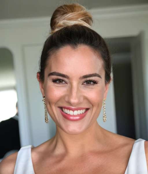 Elegant top knot and beautiful smiling woman in her 60s