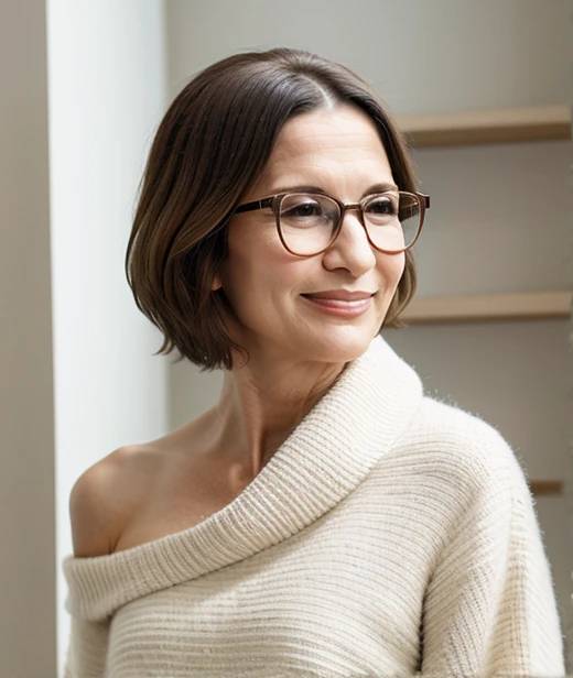 Elegant woman over 60 with glasses, flaunting shoulder-length textured layers, providing movement and a soft, natural look.