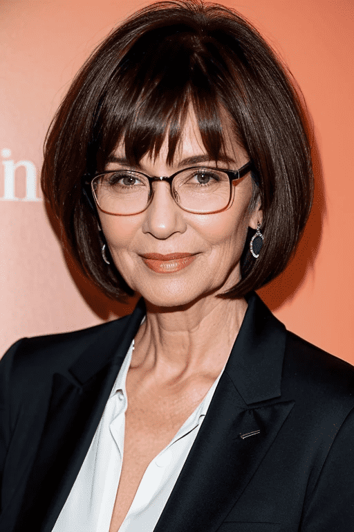 Elegant woman over 60 with glasses, sporting a chic layered bob haircut with side-swept bangs, showcasing a sophisticated and modern look