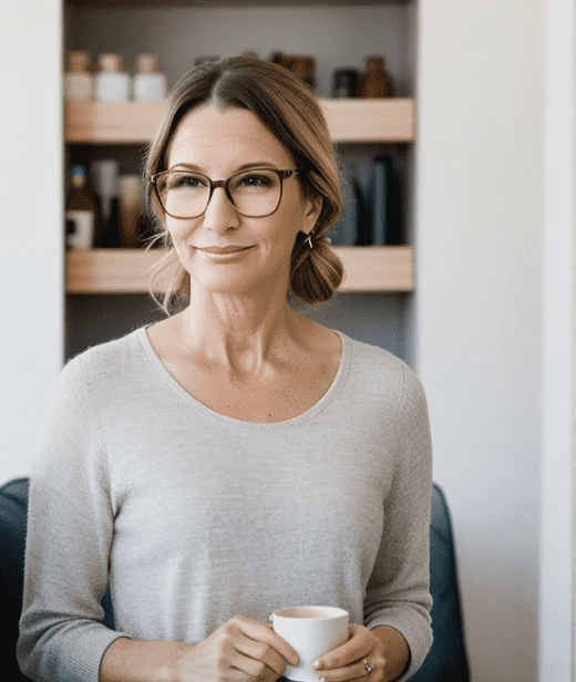 Elegant woman over 60 with glasses, sporting a sophisticated half-up half-down hairstyle, blending elegance and versatility.