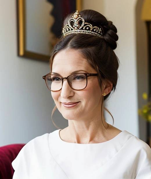 Elegant woman over 60 with glasses, wearing a voluminous crowned top knot, combining comfort with a regal appearance