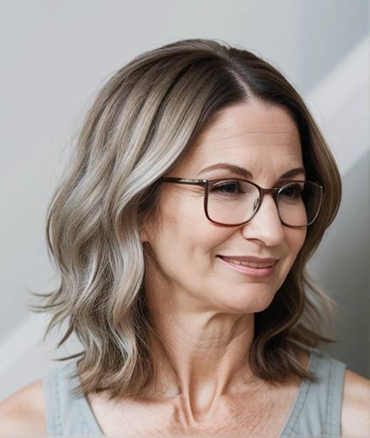 Graceful woman over 60 with glasses, flaunting shoulder-length wavy silver layers, combining elegance with a modern twist.