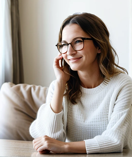 Graceful woman over 60 with glasses, showcasing long beach waves, combining a relaxed and chic style for a timeless look.