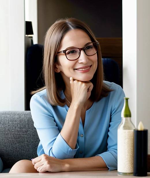 Graceful woman over 60 with glasses, showcasing long straight layers, creating a sleek and elegant appearance.