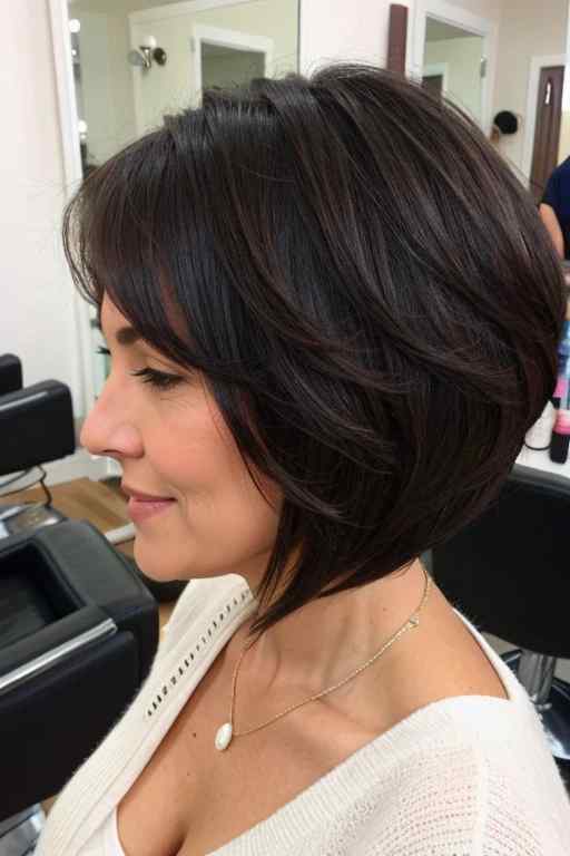 Soft layered bob on woman over 60 at hair salon.