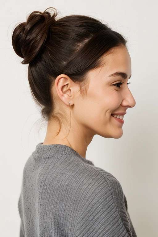 Low, messy chignon bun on smiling woman in her 60s, side view